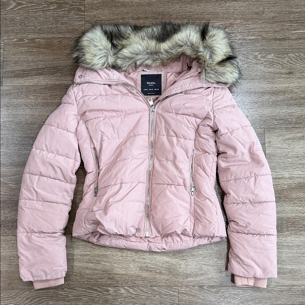 Bershka Light Pink Puffer Jacket with Faux Fur Hood